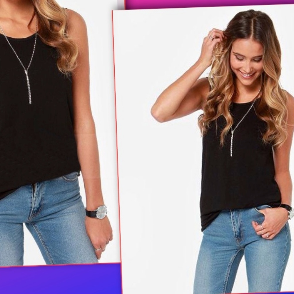 Black Deep V Back Tank Top | Open Back Casual Sleeveless Top | Soft Stretch - Picture 4 of 7
